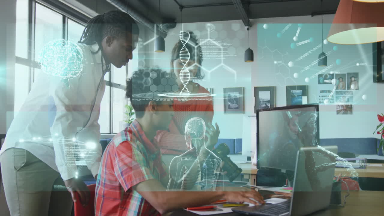 Diverse team collaborating at office with digital DNA and data ...