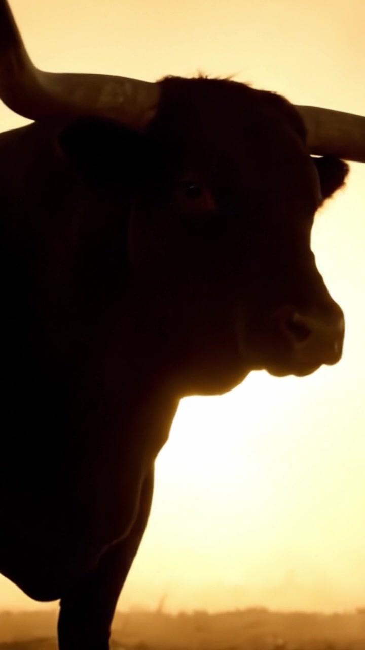 Un maestoso Longhorn in silhouette contro l'orizzonte dorato al tramonto, che cattura l'essenza della bellezza della natura e lo spirito selvaggio.