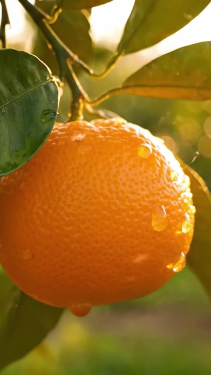 Primo piano vibrante di un'arancia fresca appesa a un albero, che mostra la succosità rinfrescante e la bellezza naturale del frutto degli agrumi in una scena di frutteto soleggiato