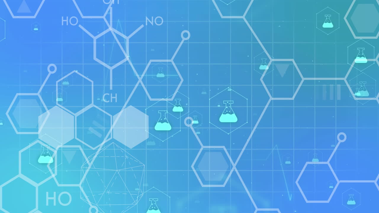 파란색 배경에 있는 화학 아이콘의 애니메이션