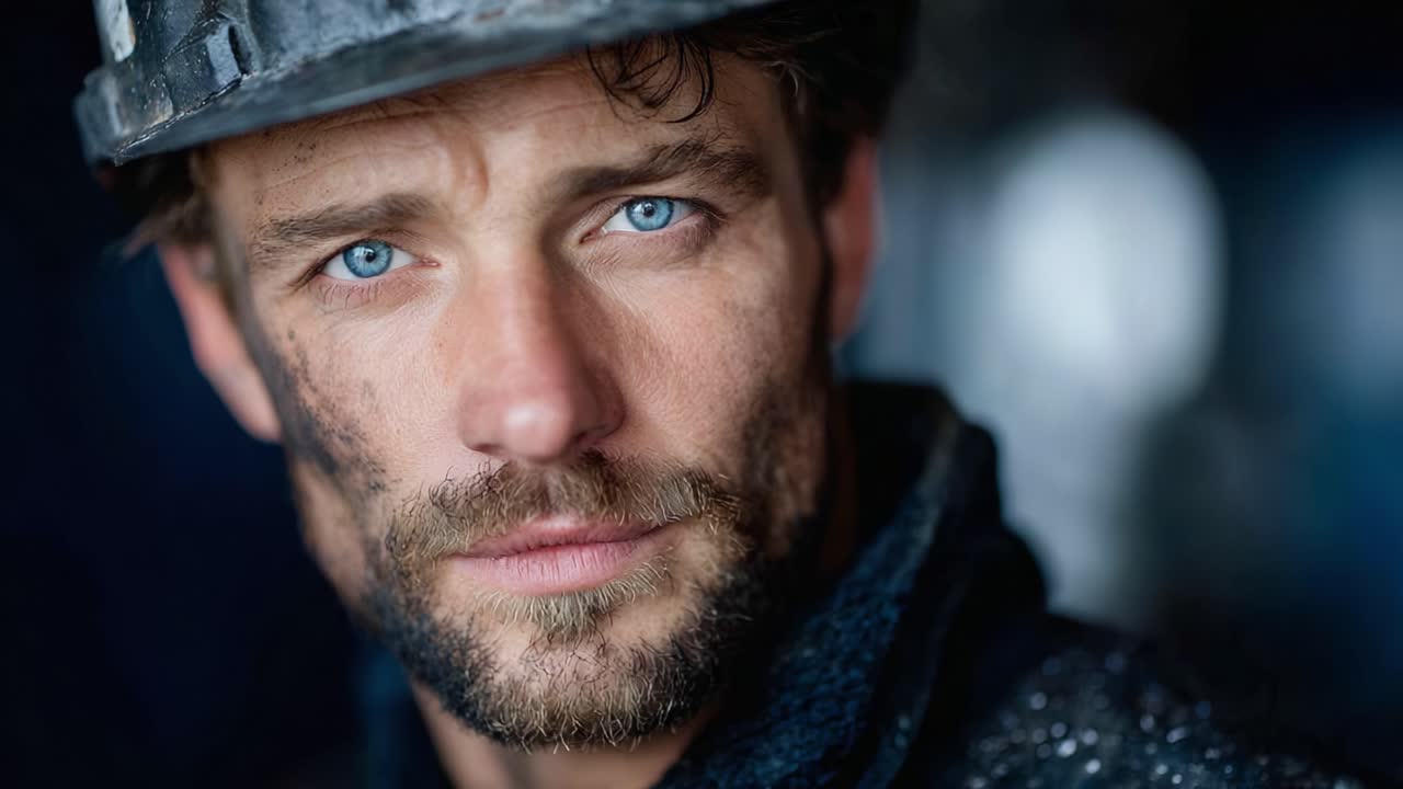Portrait of a Determined and Resilient Worker Captured in Close-Up, Showcasing His Intense Blue Eyes and Rugged Appearance Underneath the Hard Hat