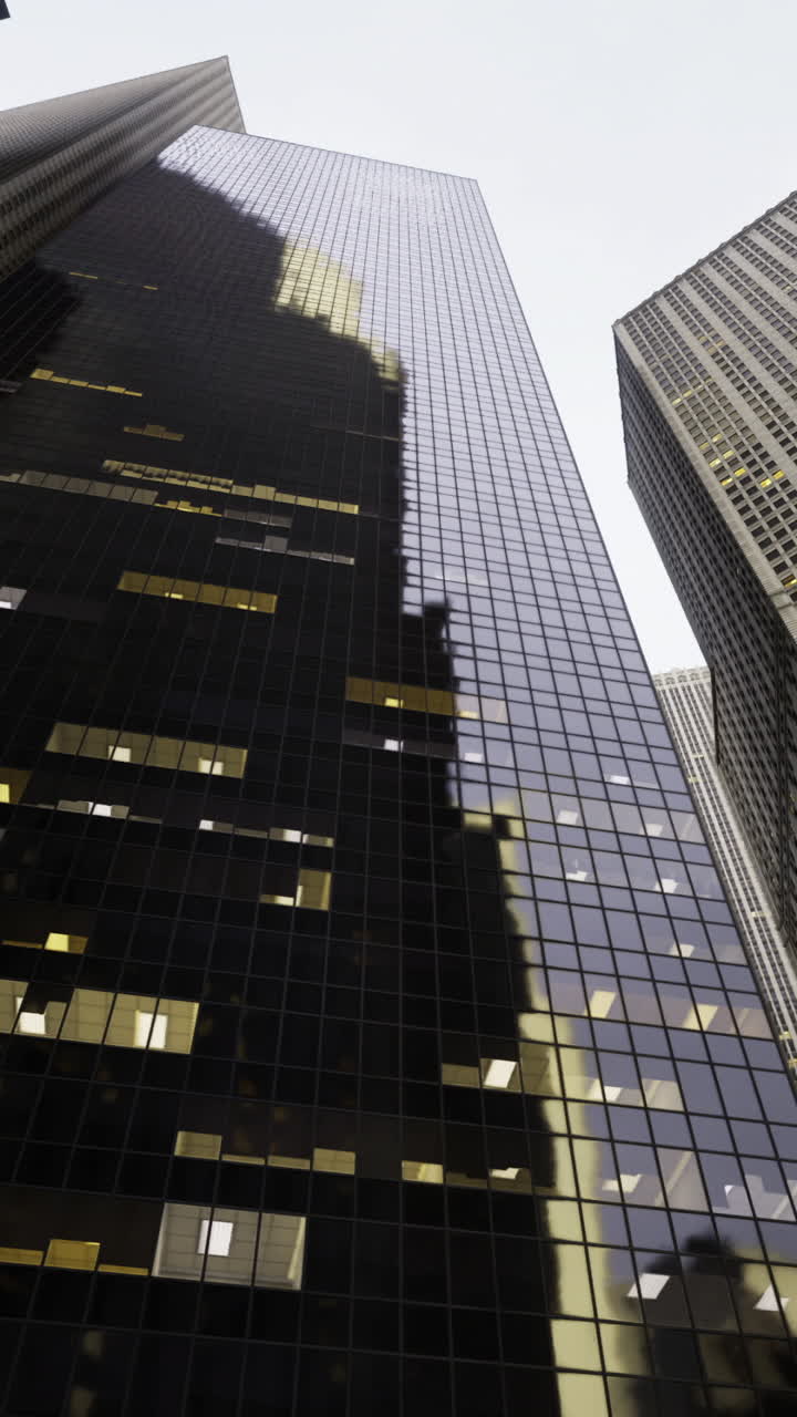 Urban landscape with towering skyscrapers reflecting evening light