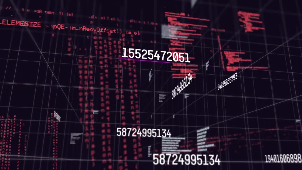 animación digital de números colgantes y procesamiento de datos contra un fondo negro