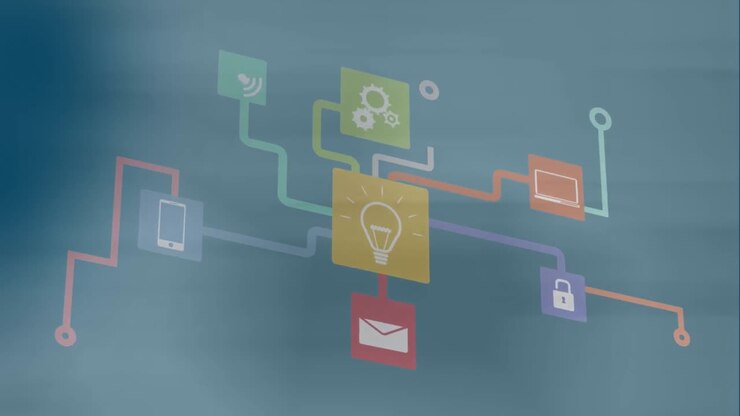 Animation of media icons over blue background