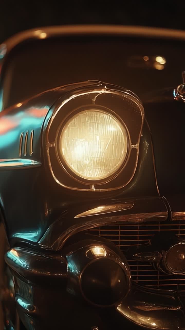 Nahaufnahme eines beleuchteten Oldtimer-Scheinwerfers in einer Nachtszene, der klassisches Design und zeitlose automobile Schönheit zur Schau stellt