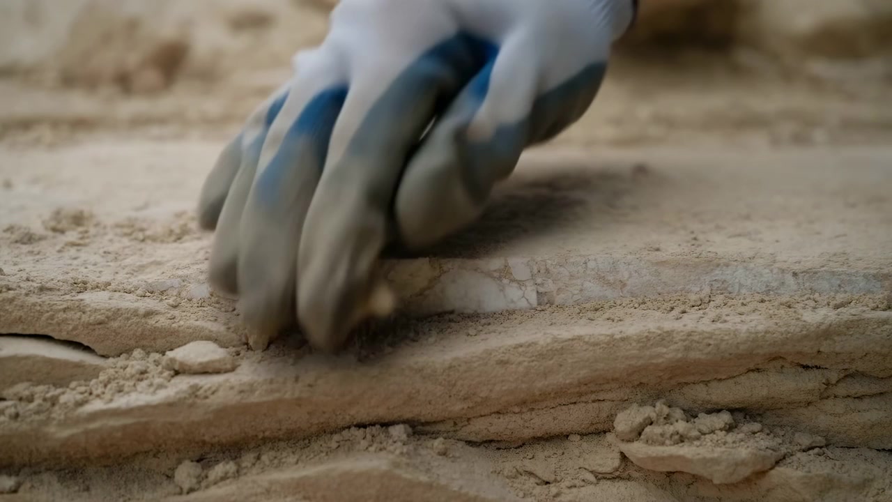 Primo piano di una mano guantata che tocca il bordo di una lastra stratificata di arenaria chiara o calcare, spazzolando via della polvere granulosa sulla texture ruvida della pietra, alla luce soffusa del giorno con colori naturali tenui e profondità di campo ridotta.