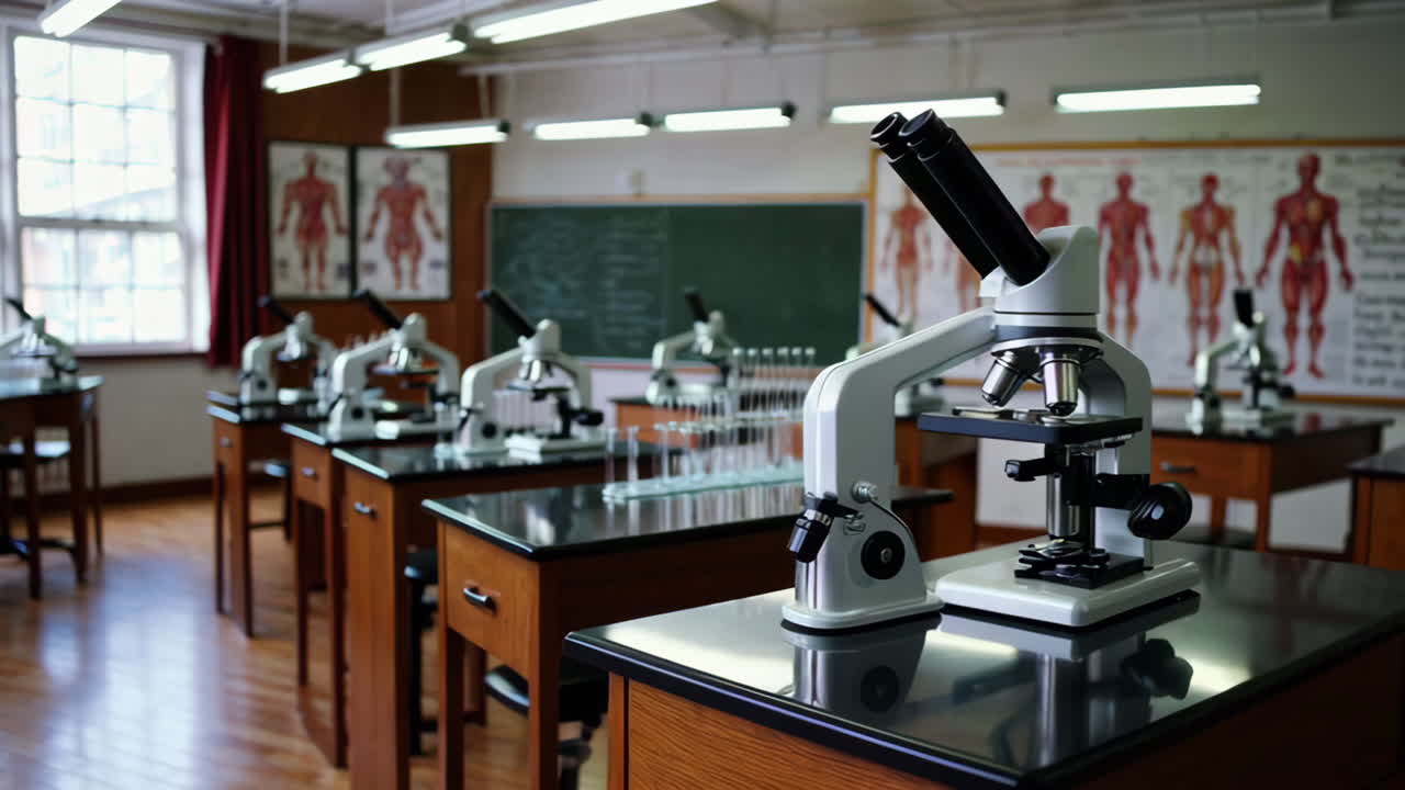 Science Classroom with Microscopes and Test Tubes