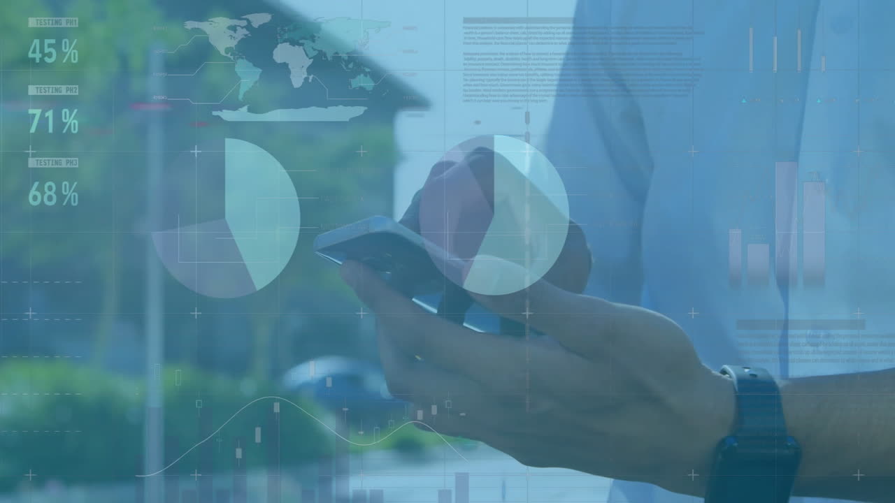 Animation of financial data processing over caucasian businessman using smartphone
