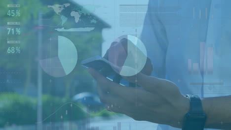 animation of financial data processing over caucasian businessman using smartphone