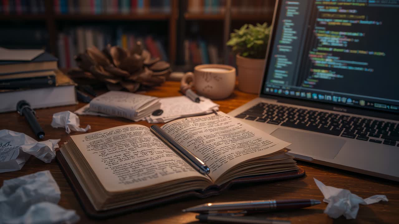Telecamera fissa che registra un quaderno aperto su una scrivania in un home office, con un laptop che mostra codice e bozze accartocciate.