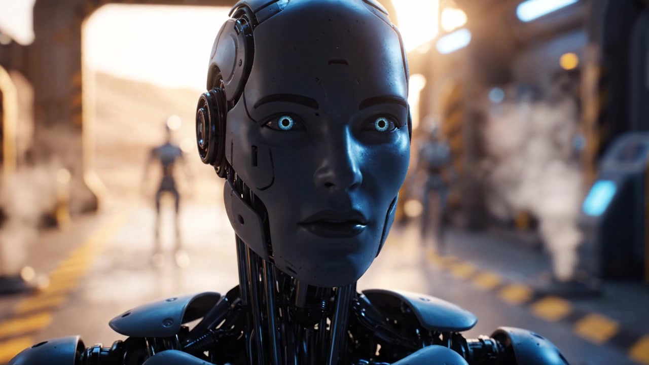 Intelligenza Artificiale Futuristica: una serie di robot avanzati emerge in un ambiente high-tech, mostrando tecnologia robotica all'avanguardia e innovazioni di design.