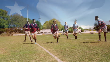 rugby players running on field with flag animation overlaying scene