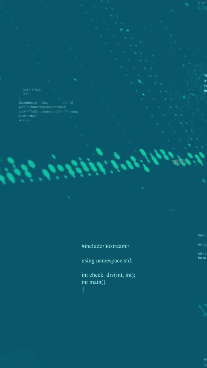 Computer code and binary data processing animation over teal background