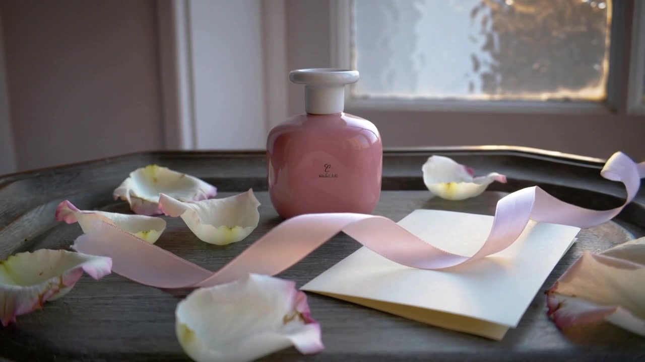 Un nastro rosa si muove per una leggera corrente d'aria, arricciandosi su un vassoio davanti a una finestra satinata, rivelando una bottiglia rosa.