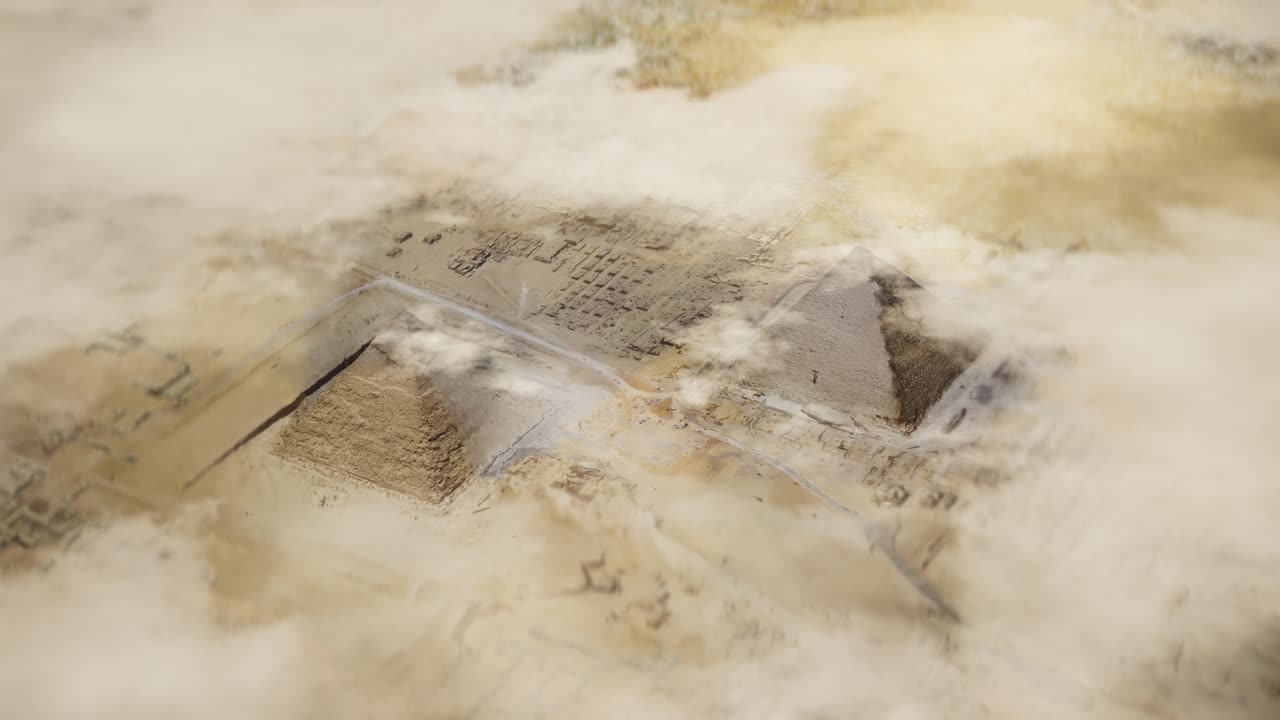 Aerial Shot Of Egyptian Pyramids In Giza Under Moving Clouds. Giza Pyramids Under Clouds