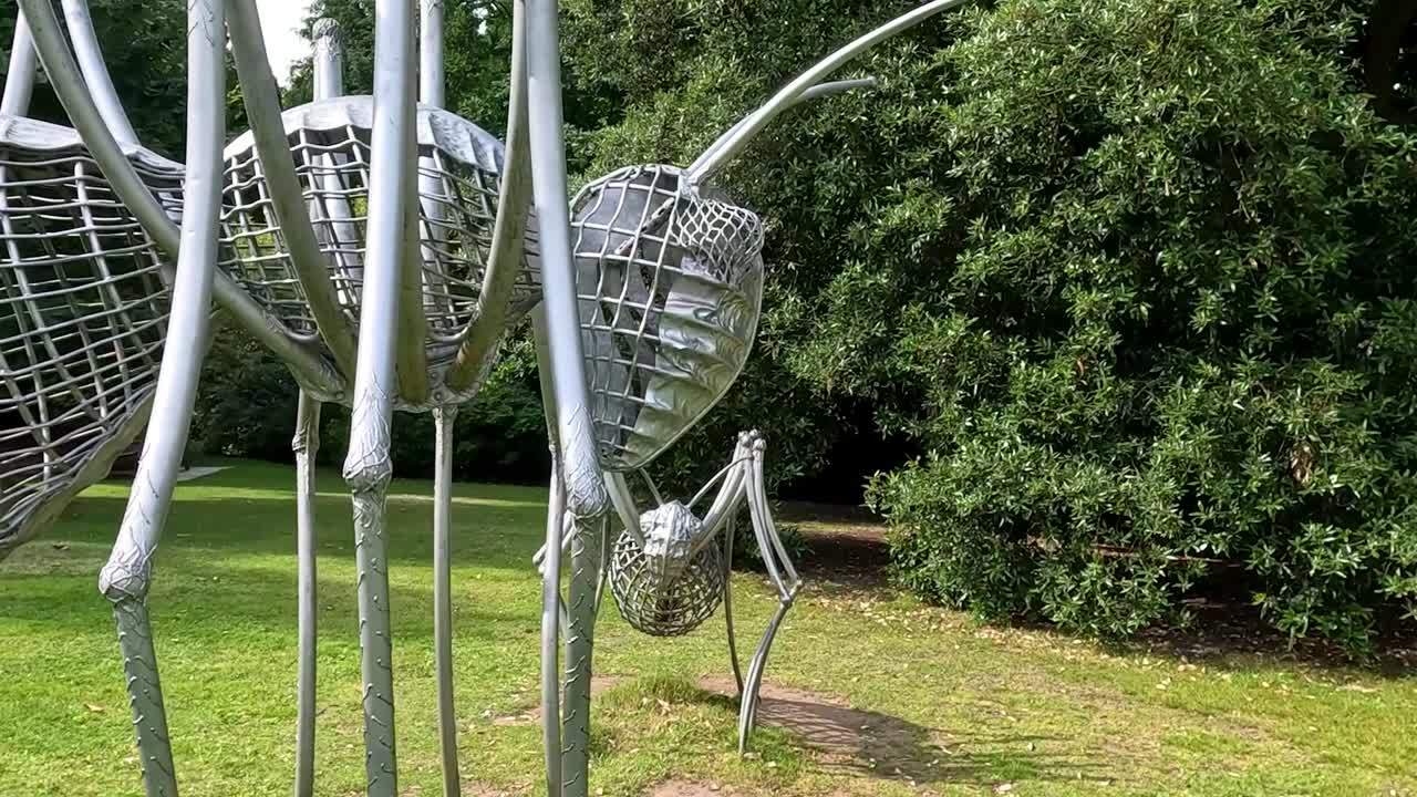 La telecamera segue da vicino intricate sculture metalliche di insetti su un prato soleggiato in giardini botanici