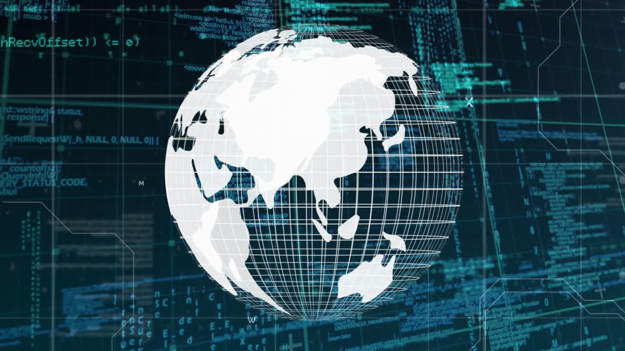 Animation of globe rotating over data processing in blue and black space