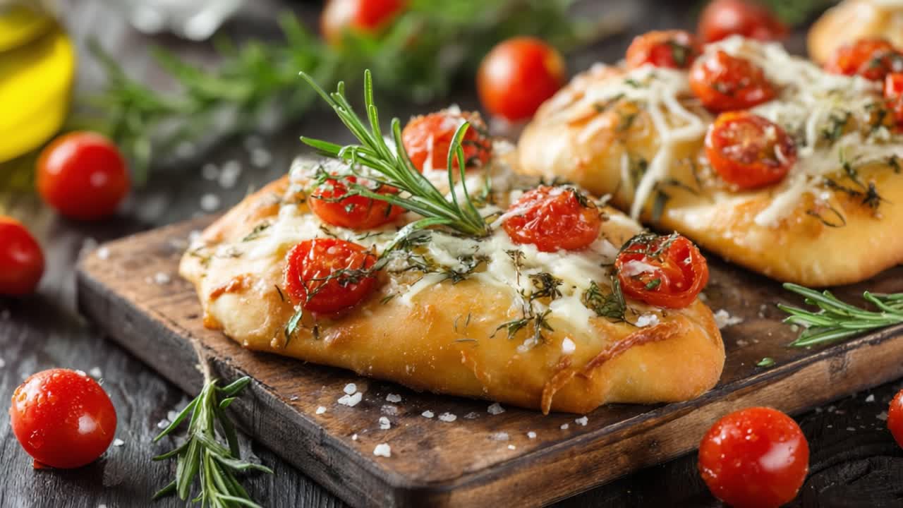 Deliciously Baked Flatbread Topped with Fresh Tomatoes, Rosemary, and Cheese on a Rustic Wooden Board Ready to Savor