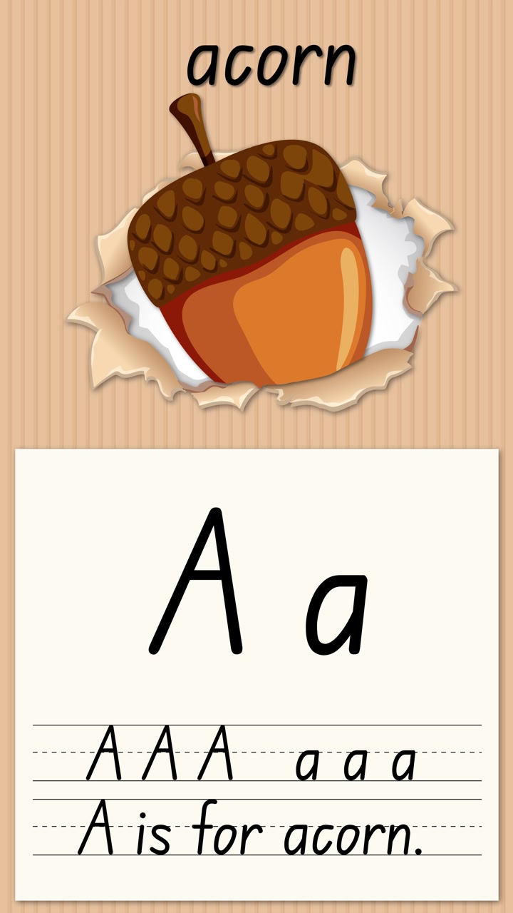 Video educativo animato insegna la lettera A usando un'illustrazione di una ghianda e linee per la pratica della scrittura a mano.