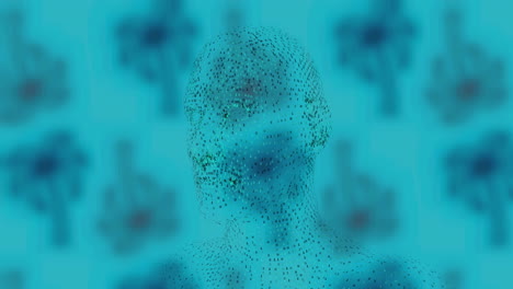 animation of human head spinning over blue background