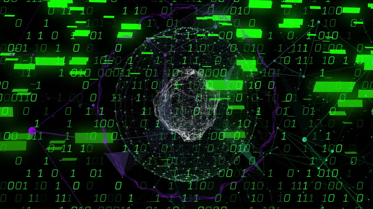 Digital binary code and geometric shapes forming complex network animation