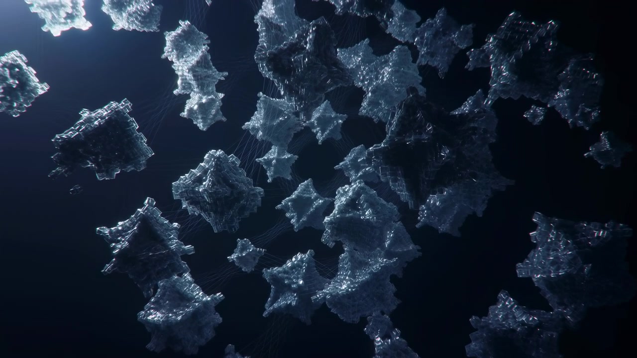 Numerous translucent crystalline clusters float against deep black background, slowly dispersing and reorganizing with changing spacing, altered overlap, glowing filament links, reflective facets