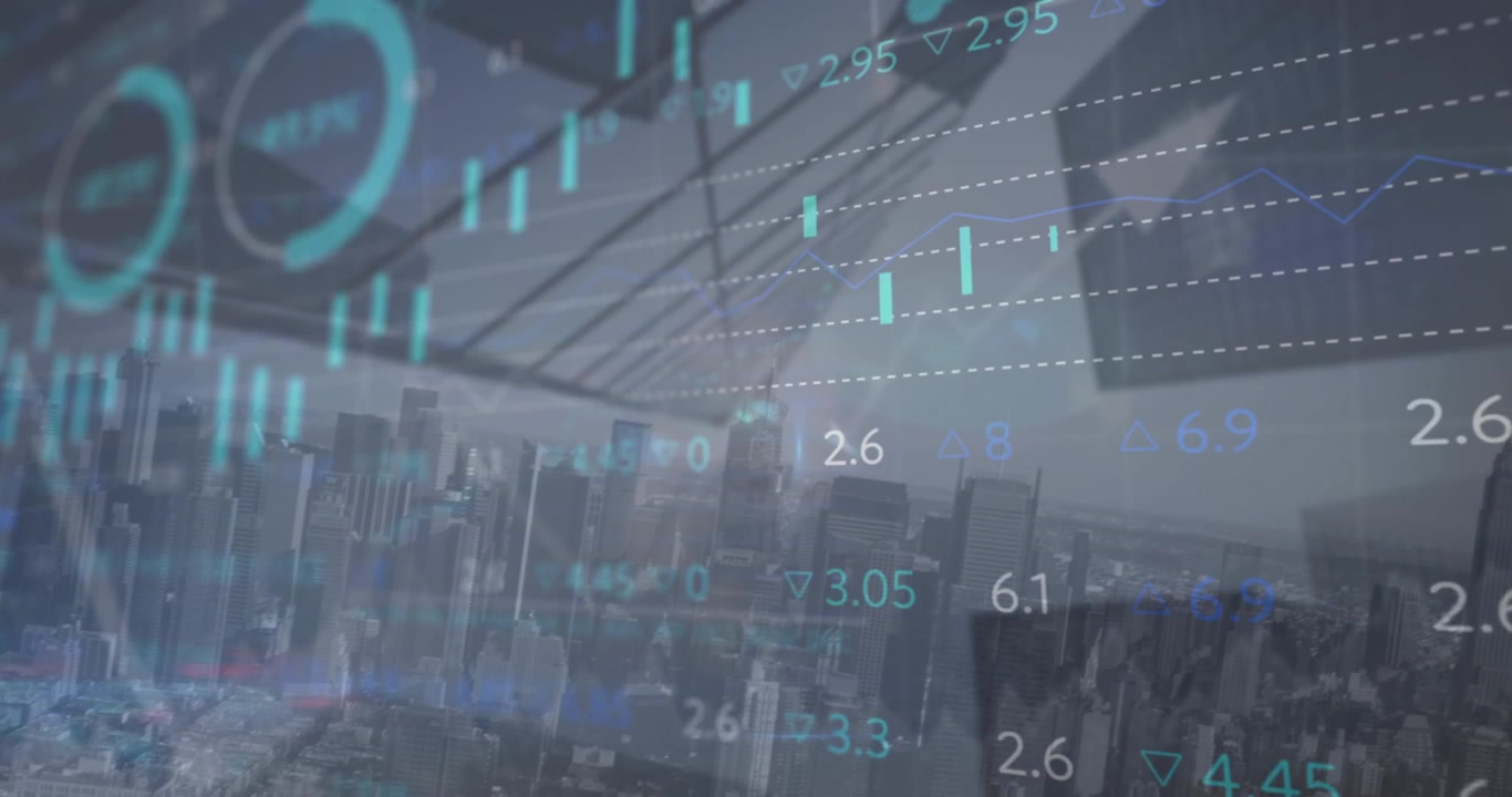Datos actualizándose, barras de color verde azulado moviéndose sobre la ciudad, una barra apilada pulsando, teletipos mostrando el alza del mercado.