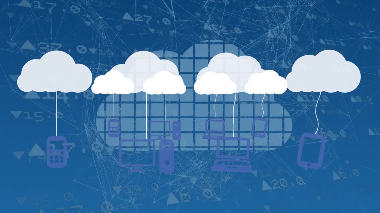 animación de nubes con iconos tecnológicos sobre gráficos y datos en fondo azul