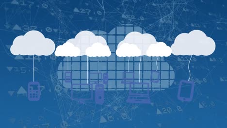 Animation-Von-Wolken-Mit-Technologiesymbolen-über-Diagrammen-Und-Daten-Auf-Blauem-Hintergrund