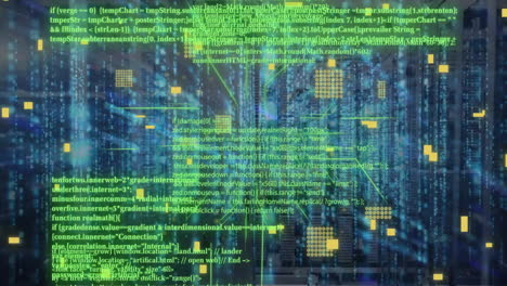 animation of circuit board and digital data processing over computer servers