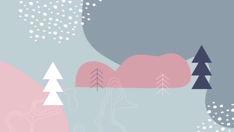 Animation-of-snow-falling-and-christmas-trees-over-abstract-blue-and-pink-background