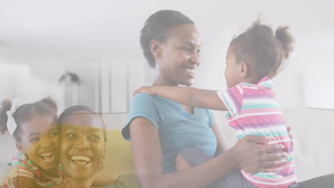composite of happy african american mother and daughter, embracing and hugging at home