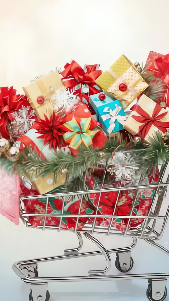 Vertical video: Camera starting panning, zooming in studio, showing shopping cart filled with gifts