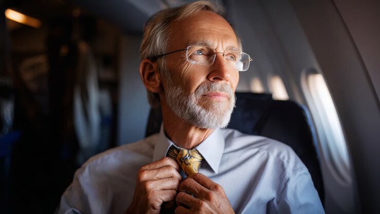 Un uomo anziano pensieroso che si sistema la cravatta mentre è seduto su un aereo, guarda pensieroso fuori dal finestrino, mostrando eleganza e introspezione durante un viaggio aereo.