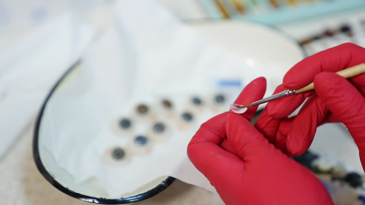 Glass eye prosthetic, close up. Ophthalmologist holds in hand eye prosthesis