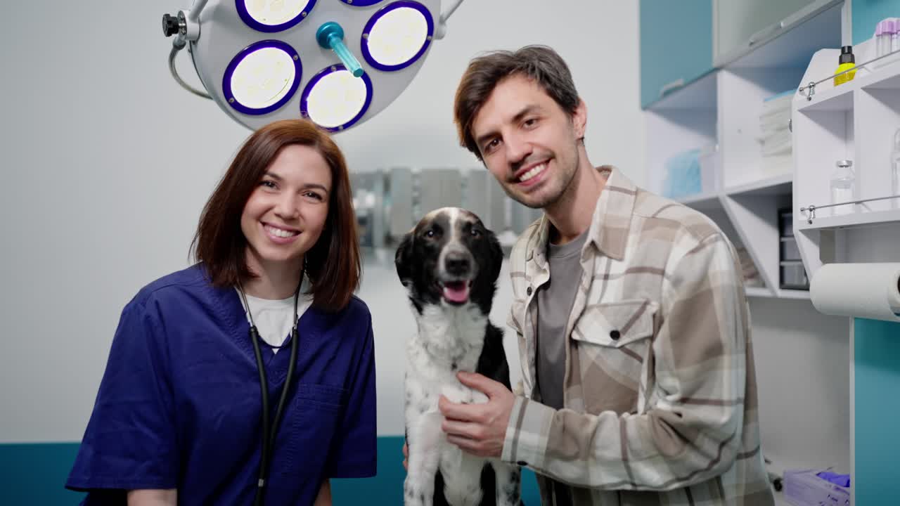 Portrait of a happy brunette veterinarian girl with a veterinary clinic visitor and his dog in the veterinarians office