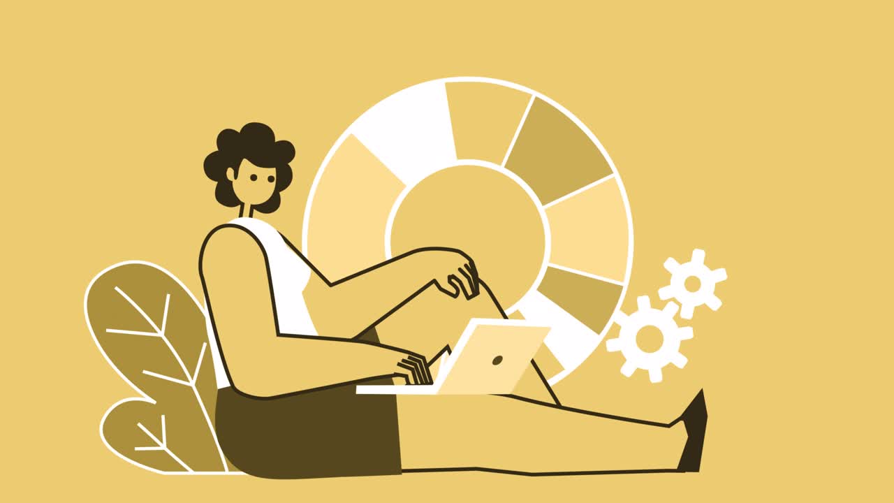 노란색 스타일의 여성 평평한 캐릭터는 노트북과 함께 앉아 일합니다. 알파 채널과 함께 고립 된 애니메이션