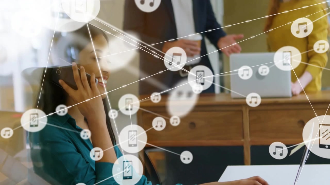 Tech worker picking smartphone, activating phone music network graphics for business call