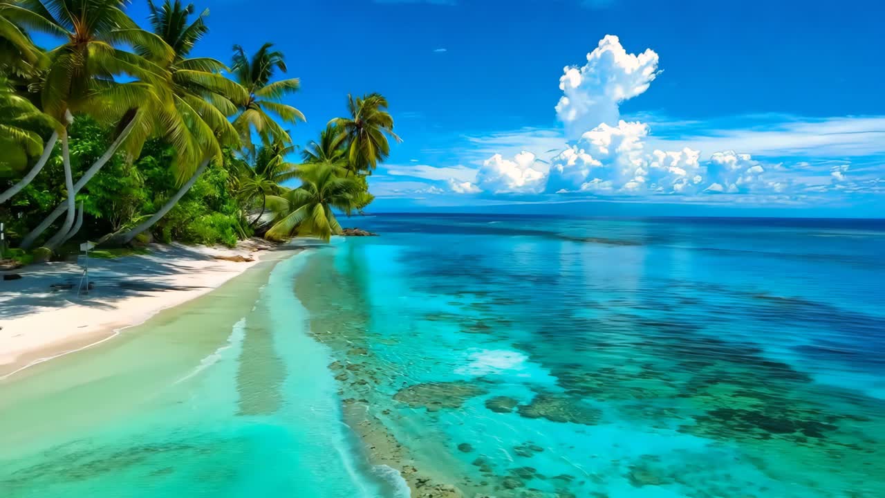 una playa tropical con palmeras y agua azul clara