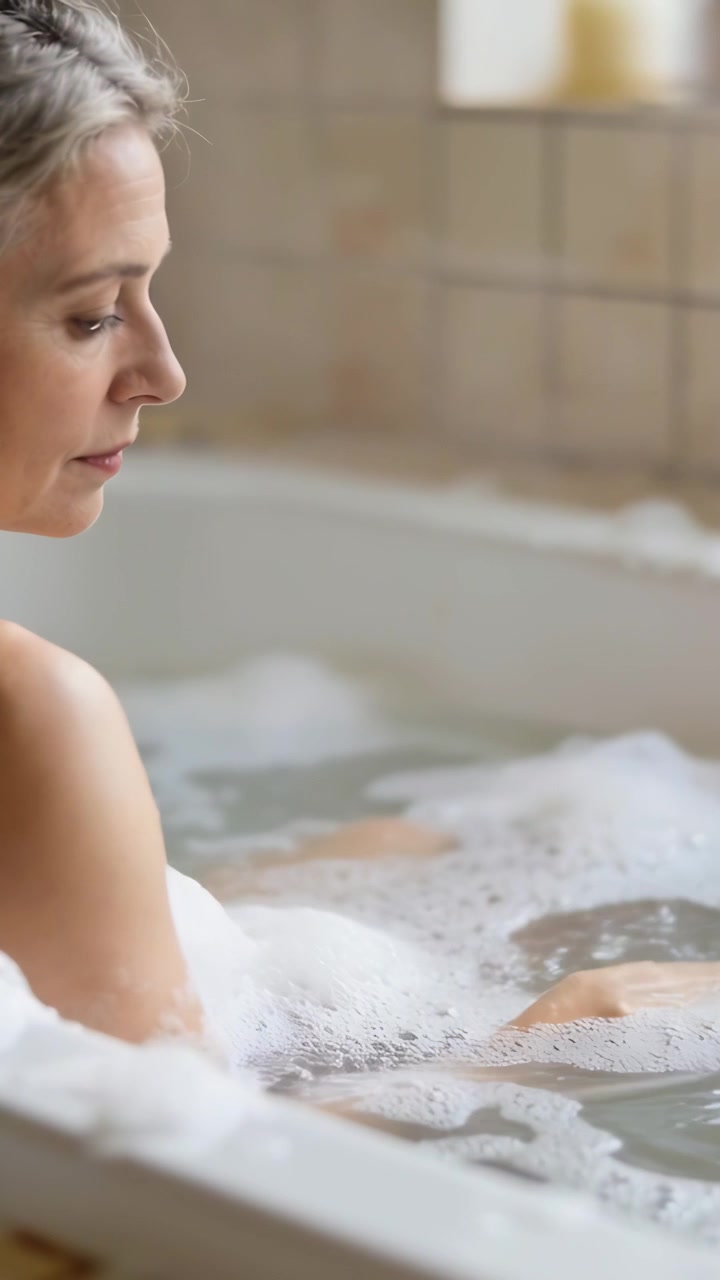 Vertical video: Leaning woman moving hand through bubble-filled bathtub water at home, seeking calm