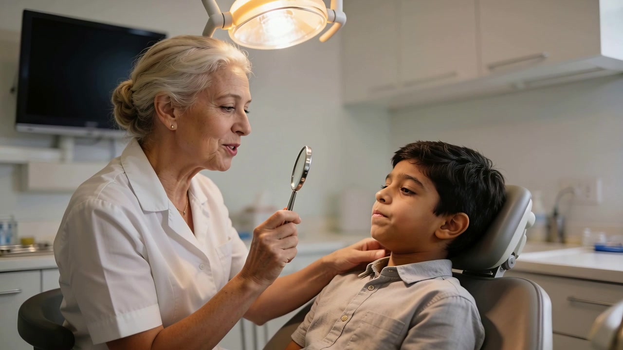 Dentista anziano in camice bianco che alza lo specchietto e parla, guidando un bambino sulla poltrona dentistica per un esame orale.