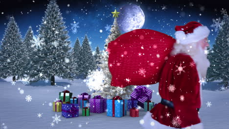 papá noel entregando regalos en un paisaje nevado