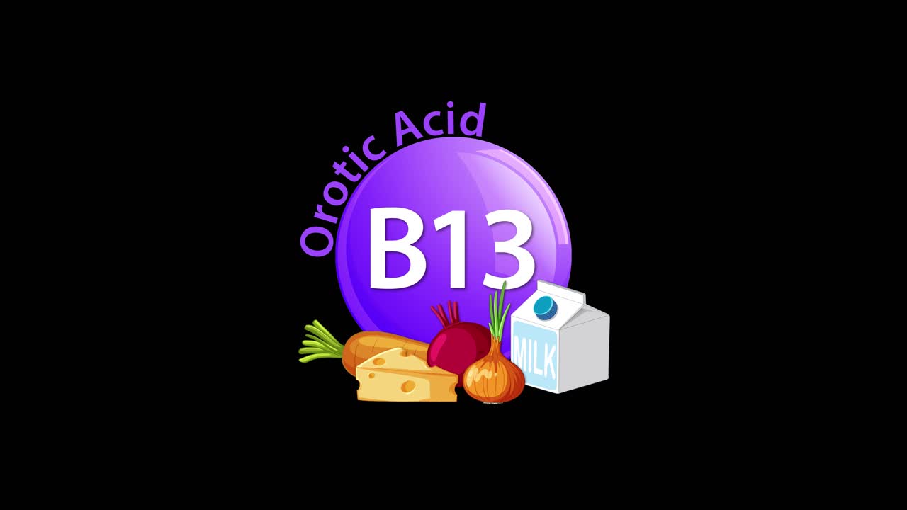 A purple Vitamin B13 orotic acid icon animates as healthy food illustrations—carrot, beet, cheese, and milk—appear around it on a black background