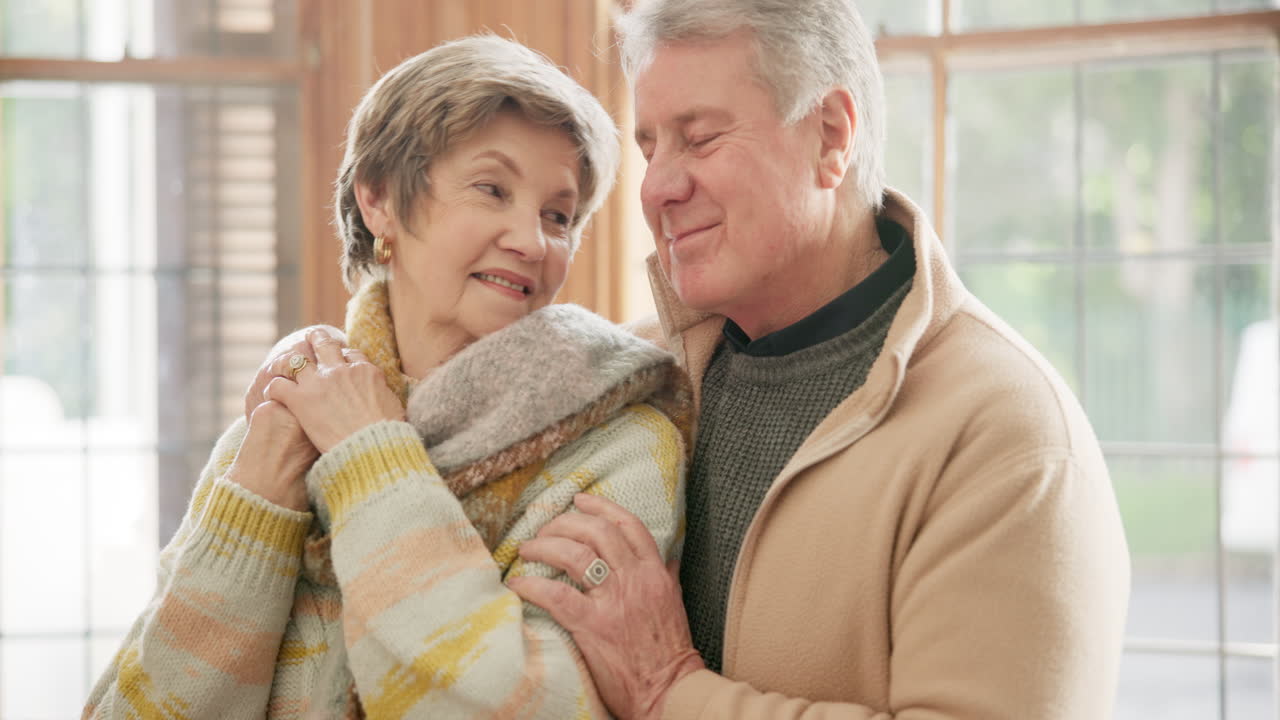 Home, hug and senior couple with love