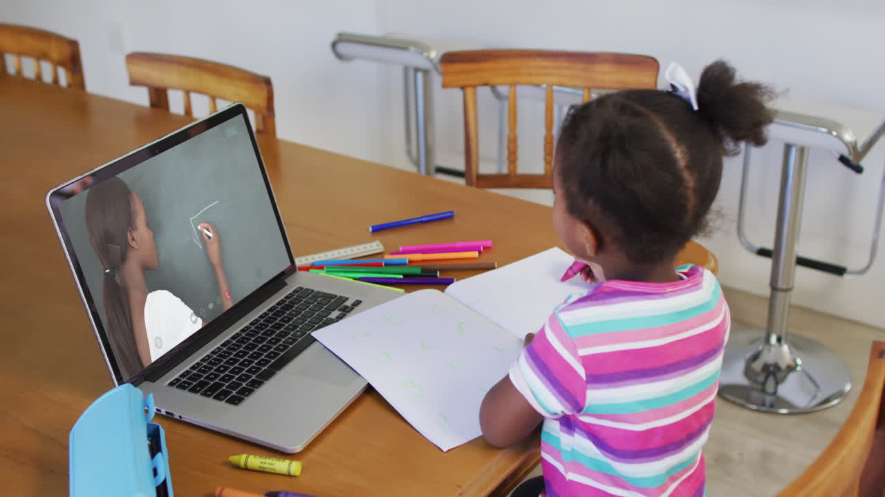 chica afroamericana sentada en un escritorio usando una computadora portátil teniendo una lección escolar en línea