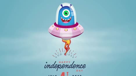 animation of happy independence day text with smiling allien over blue background