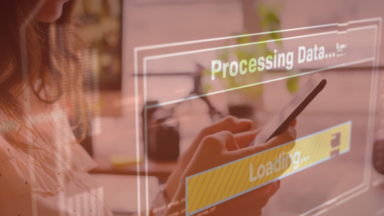 Animation of data processing on screen over woman using smartphone