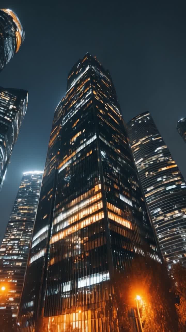Una vista mozzafiato di alti grattacieli moderni illuminati di notte, che mostrano vetri riflettenti e design architettonici unici in un vibrante paesaggio urbano