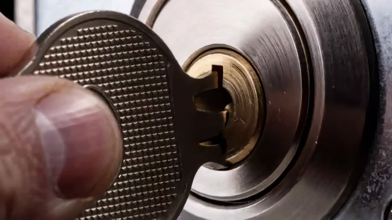Grasping metal key, right-hand inserting, turning and removing key in lock cylinder, unlocking door