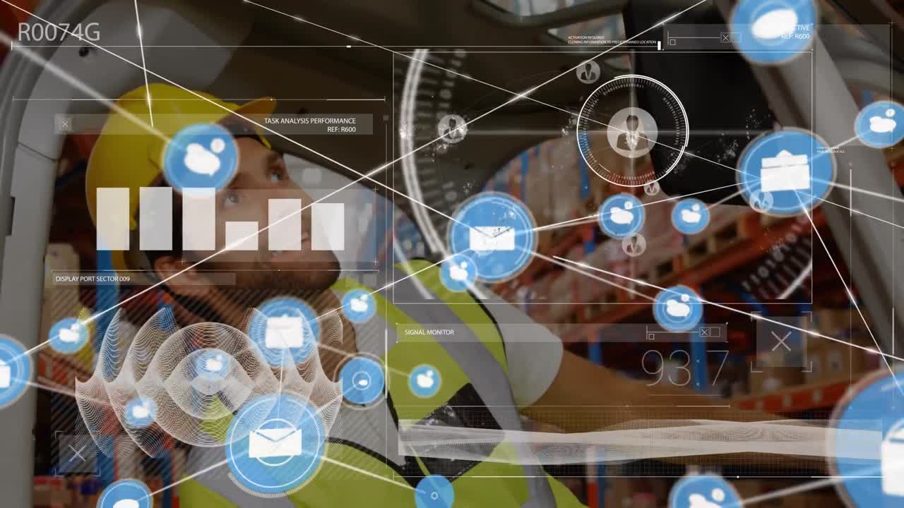 창고에서 일하는 사람에 대한 연결 네트워크의 애니메이션